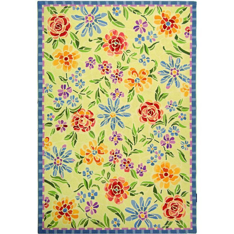 Ivory Floral Hand Hooked Wool Area Rug, 6' x 9'