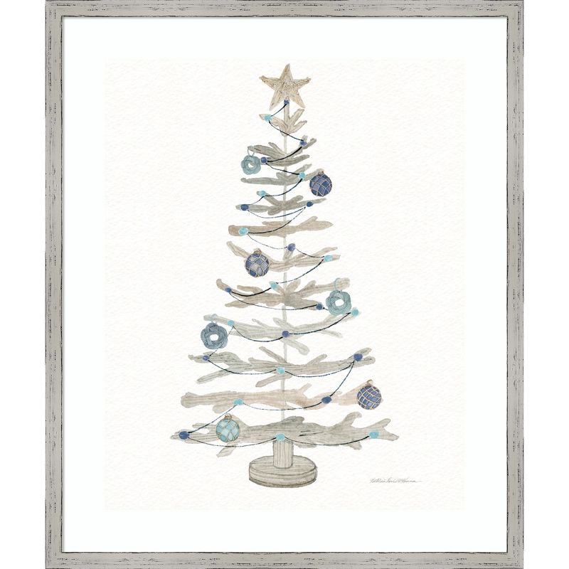 Coastal Holiday Tree Watercolor Framed Wall Art, 21x25, White Wood Frame