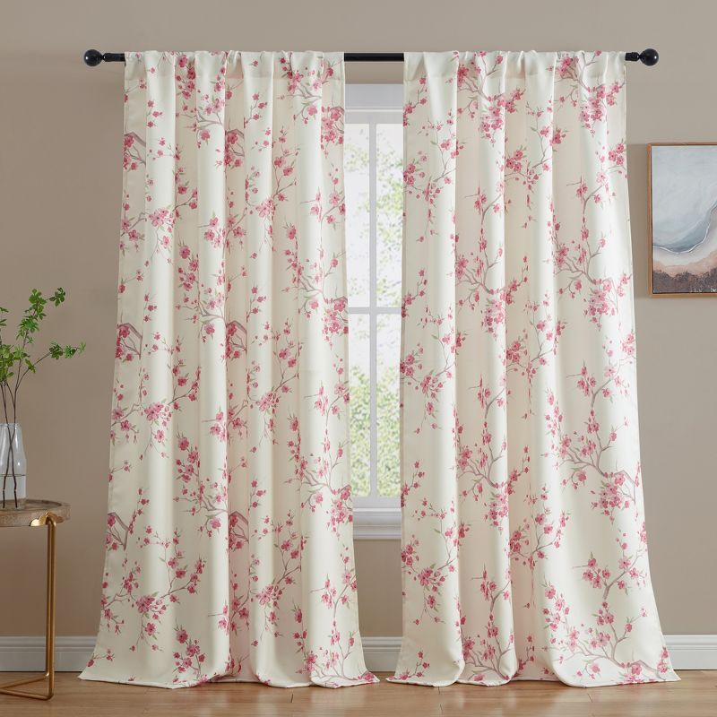 Pink Faux Silk Blackout Floral Window Panel Curtains