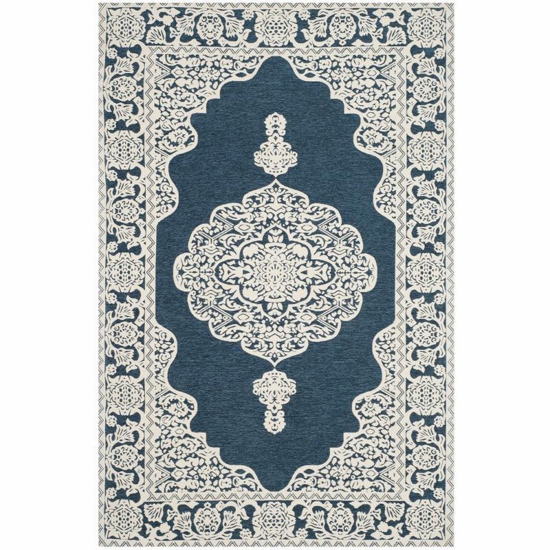 Handmade Dark Blue and Ivory Wool Area Rug, 4' x 6'