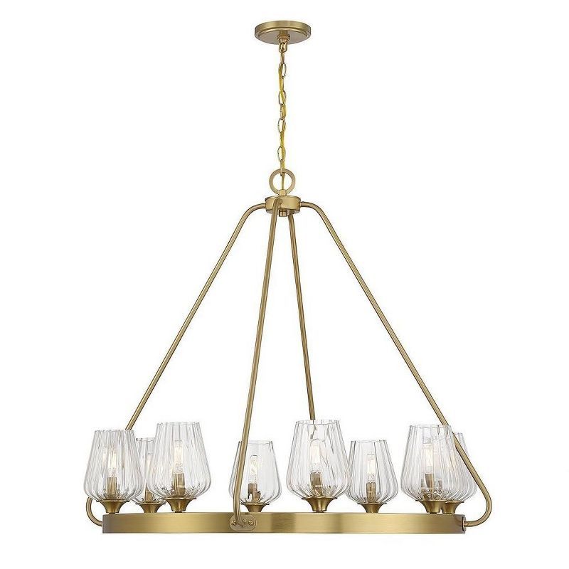 Warm Brass 8-Light Chandelier with Ribbed Glass Shades