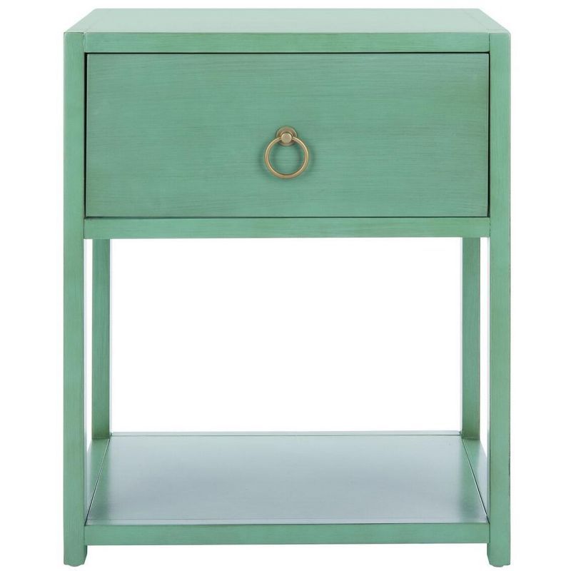 Turquoise Acacia Wood Nightstand with Gold Trim and Shelf