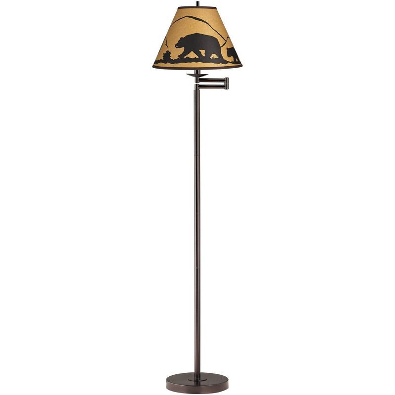 Adjustable Bronze Swing Arm Floor Lamp with Mountain Scene Shade