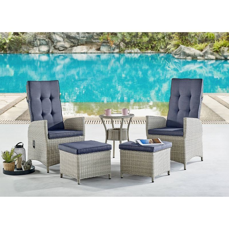 Haven 5-Piece Gray Wicker Recliner Set with Blue Cushions