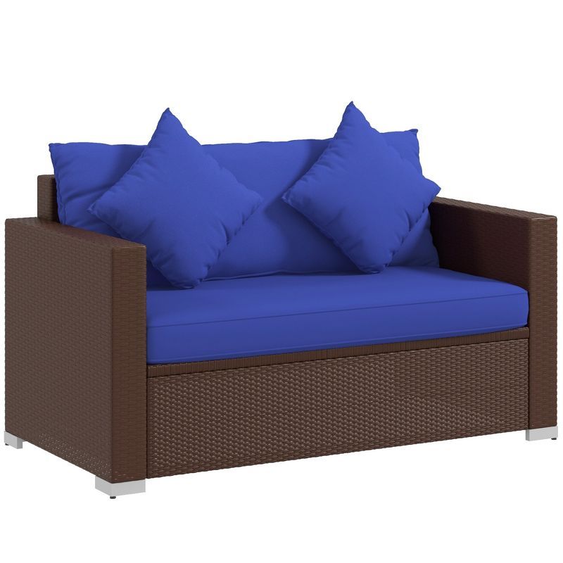 Outsunny Brown Wicker Loveseat with Dark Blue Cushions