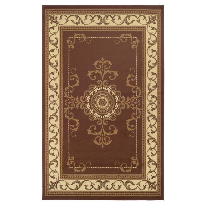 Traditional Medallion Floral Scroll Border Brown Synthetic Area Rug