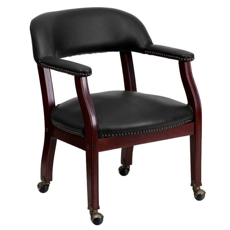 Black Vinyl and Wood Conference Chair with Brass Nail Trim