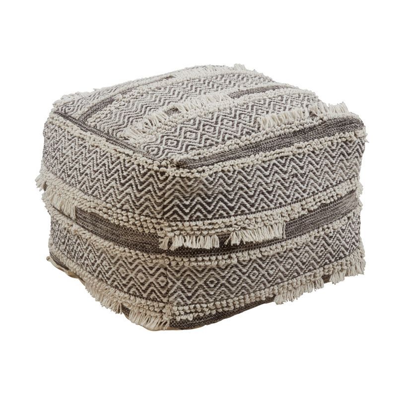 Handwoven Gray and White Cotton Textured Pouf, 24"x24"x16"