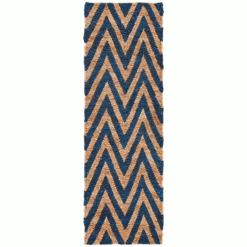 Hand-Knotted Blue and Natural Jute Chevron Runner Rug, 2'6" x 10'