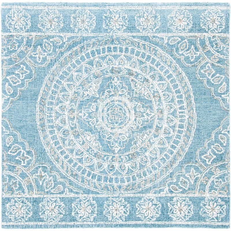 Ivory and Blue Floral Handmade Wool Square Rug