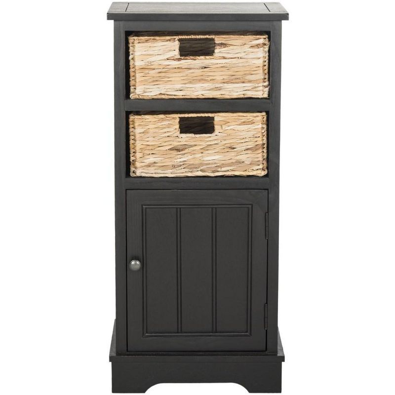 Distressed Black Pine Wood Accent Cabinet with Wicker Baskets