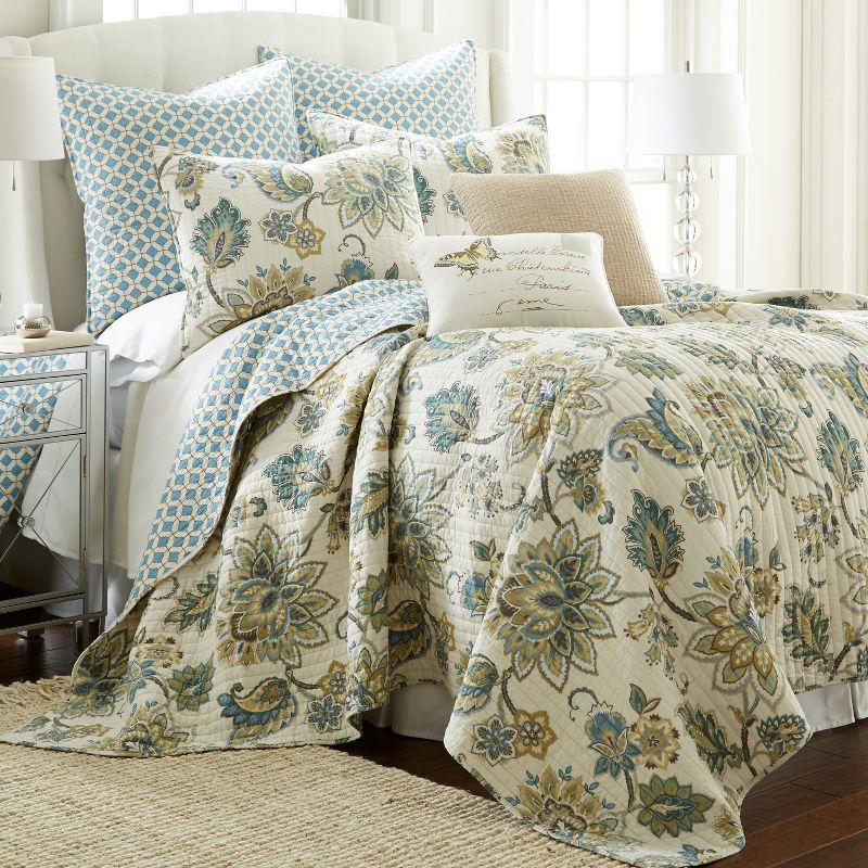 Gray and Teal Cotton Twin Reversible Quilt Set