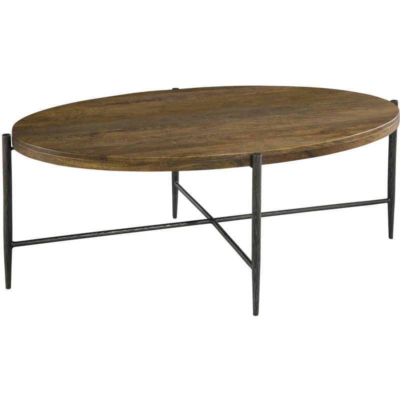 Oval Medium Brown Wood and Metal Coffee Table