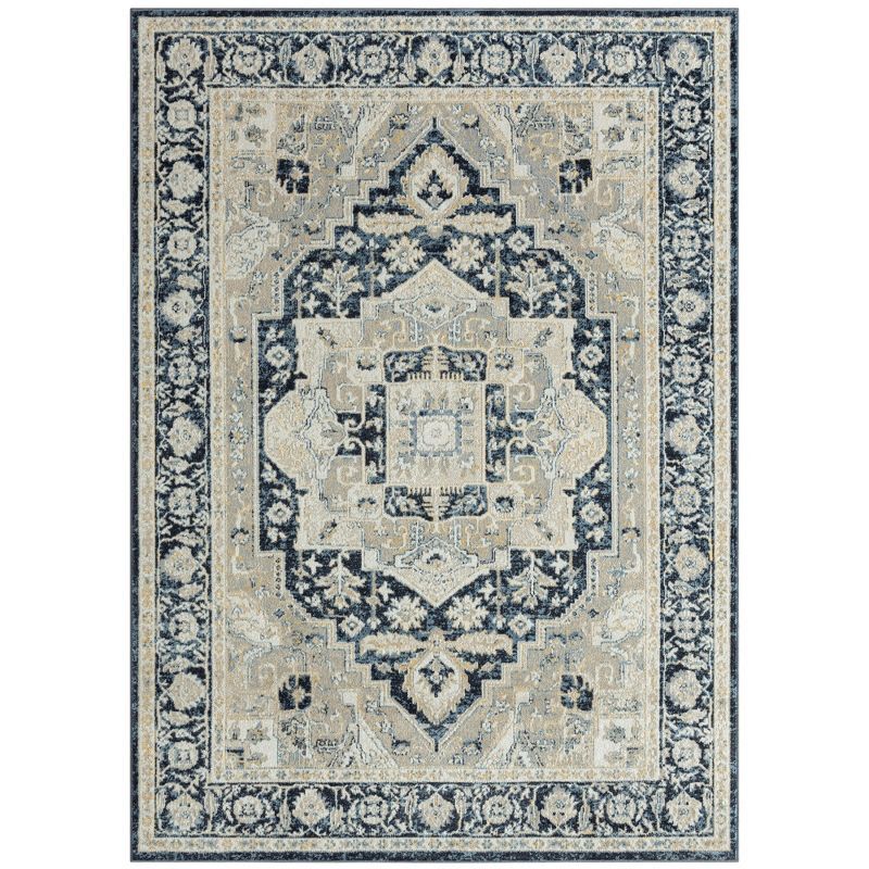 Ivory and Navy Blue Medallion Washable Synthetic Area Rug 5' x 7'