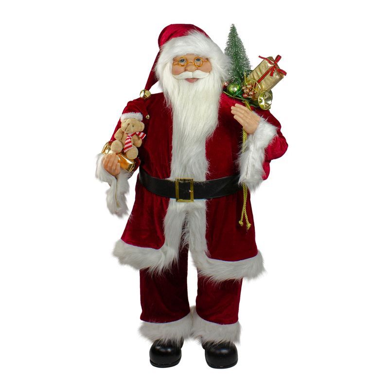 Traditional Red and White Santa Claus Figurine with Teddy Bear and Gifts