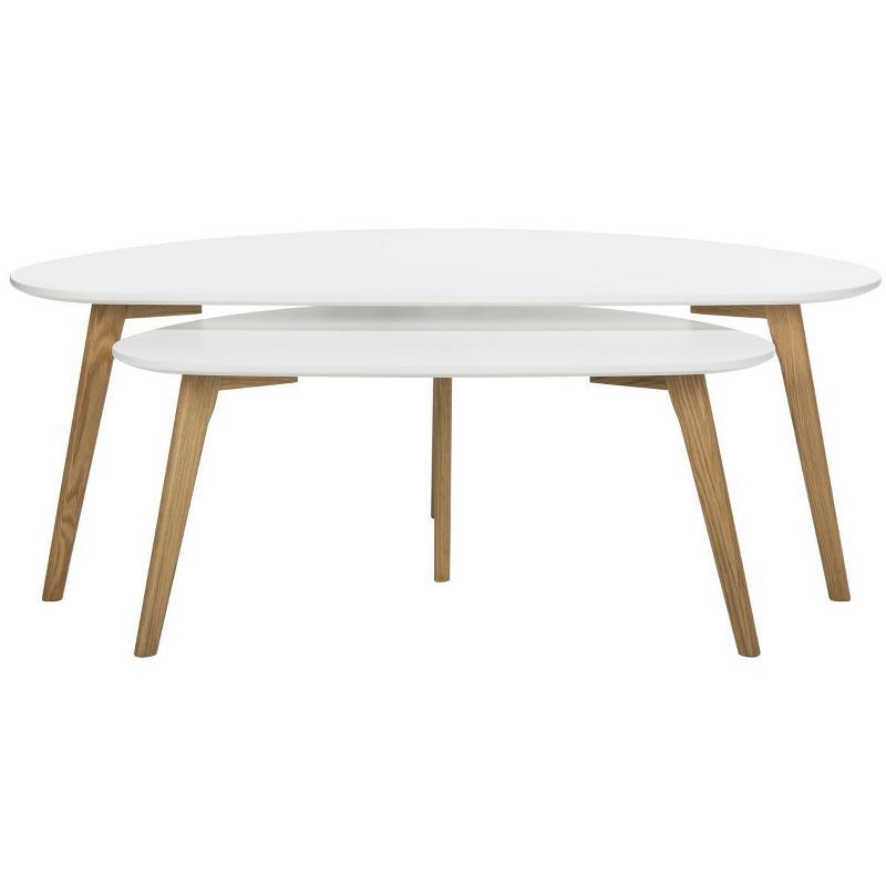 Olida Transitional Oval Double Coffee Table in White and Natural Wood