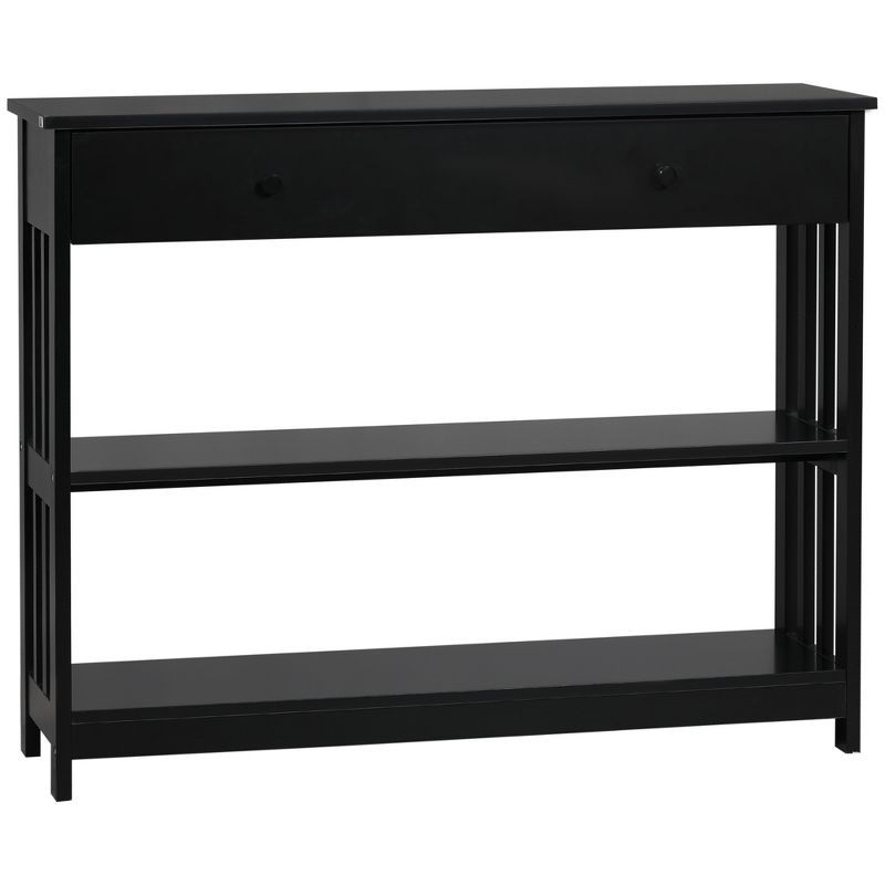 Black Wood Console Table with Drawer and Shelves