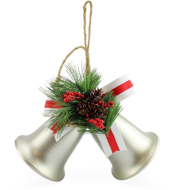 Vintage Silver Metal Christmas Bells with Pine and Berries