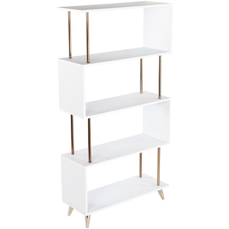 White and Champagne 4-Shelf Zig-Zag Bookcase