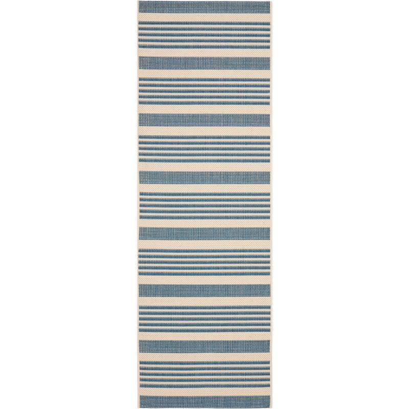 Beige and Blue Striped Synthetic Indoor/Outdoor Rug