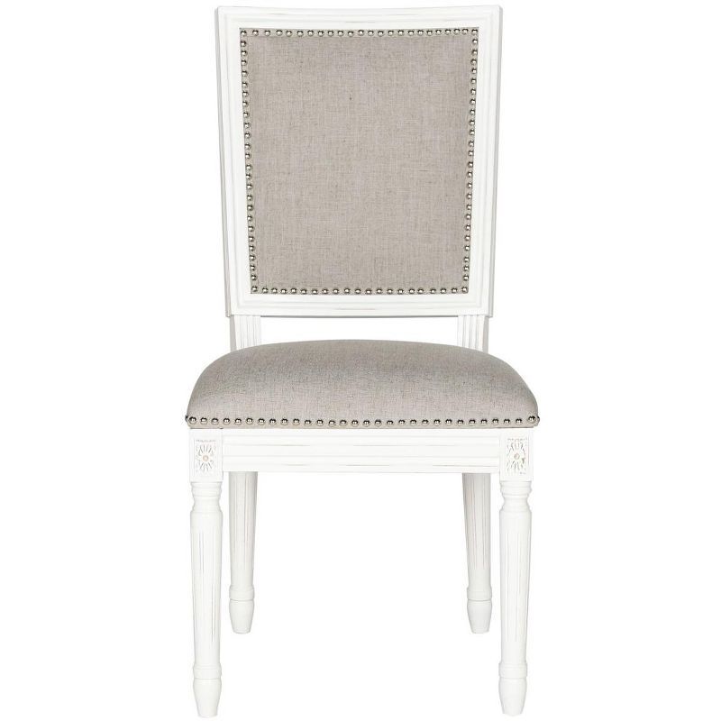 Buchanan Light Grey and Cream Linen Upholstered Side Chair with Carved Wood Frame