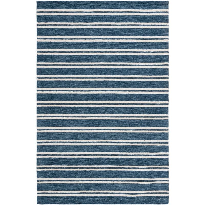 Blue and White Striped Hand-Tufted Wool 4' x 6' Rug