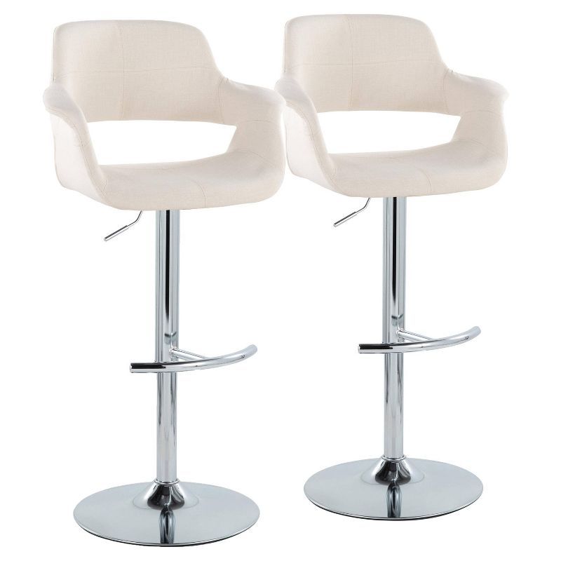 Set of 2 Cream Fabric Adjustable Swivel Barstools with Chrome Base