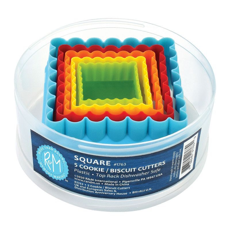 Bright Multicolor Plastic Square Cookie and Biscuit Cutter Set, 5-Piece