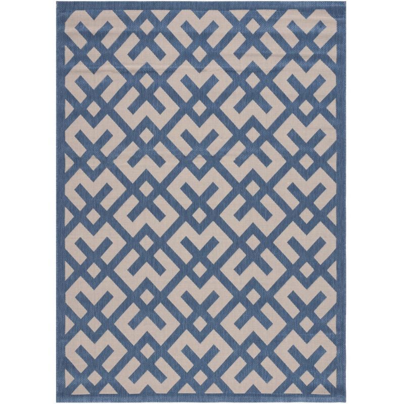 Beige and Blue Geometric Synthetic Indoor/Outdoor Area Rug