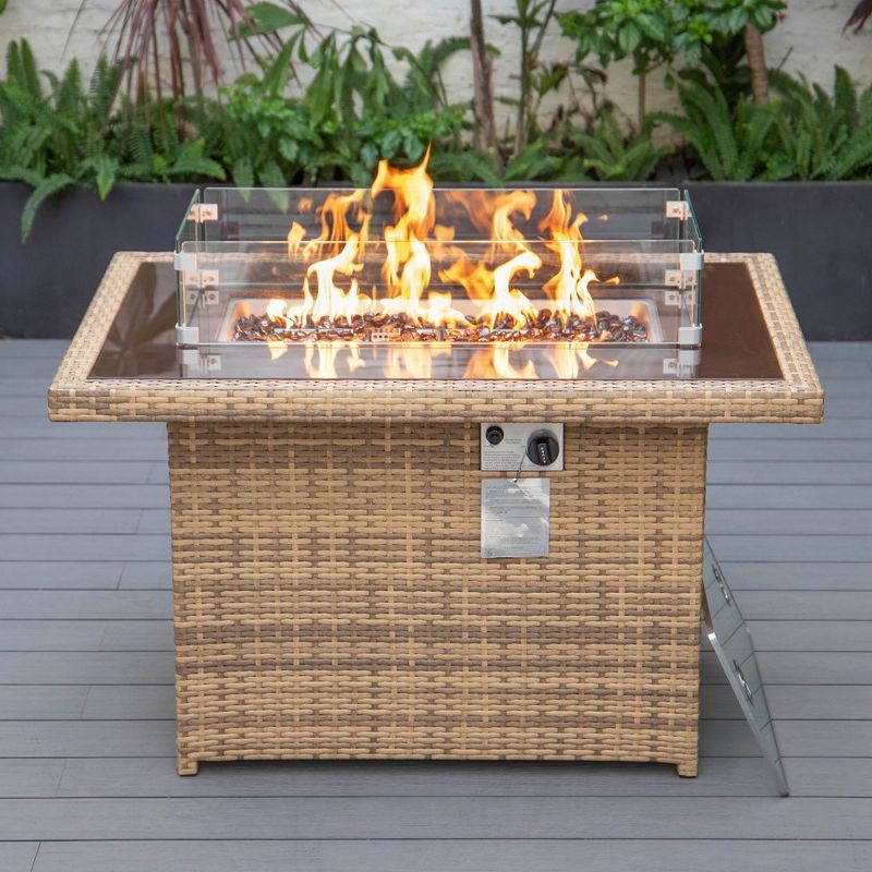 Light Brown Wicker Gas Fire Pit Table with Glass Shield