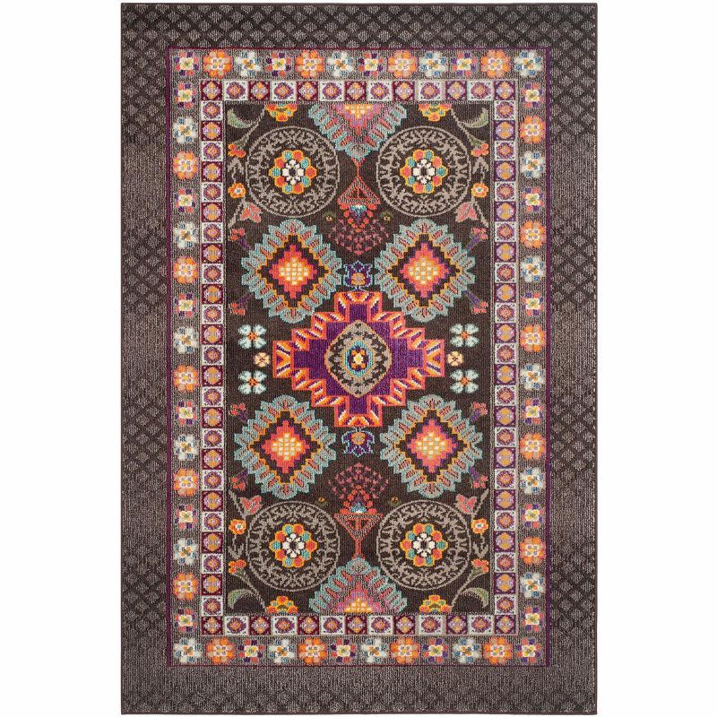 Large Rectangular Red and Brown Boho-Chic Synthetic Area Rug