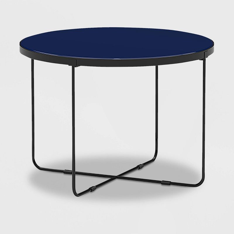 Finch 28'' Round Blue Wood Coffee Table with Black Metal Base