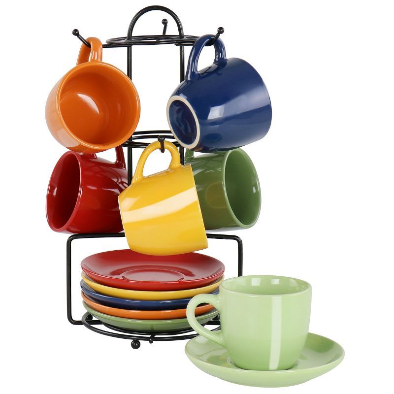 Colorful Ceramic Espresso Mug and Saucer Set with Metal Rack