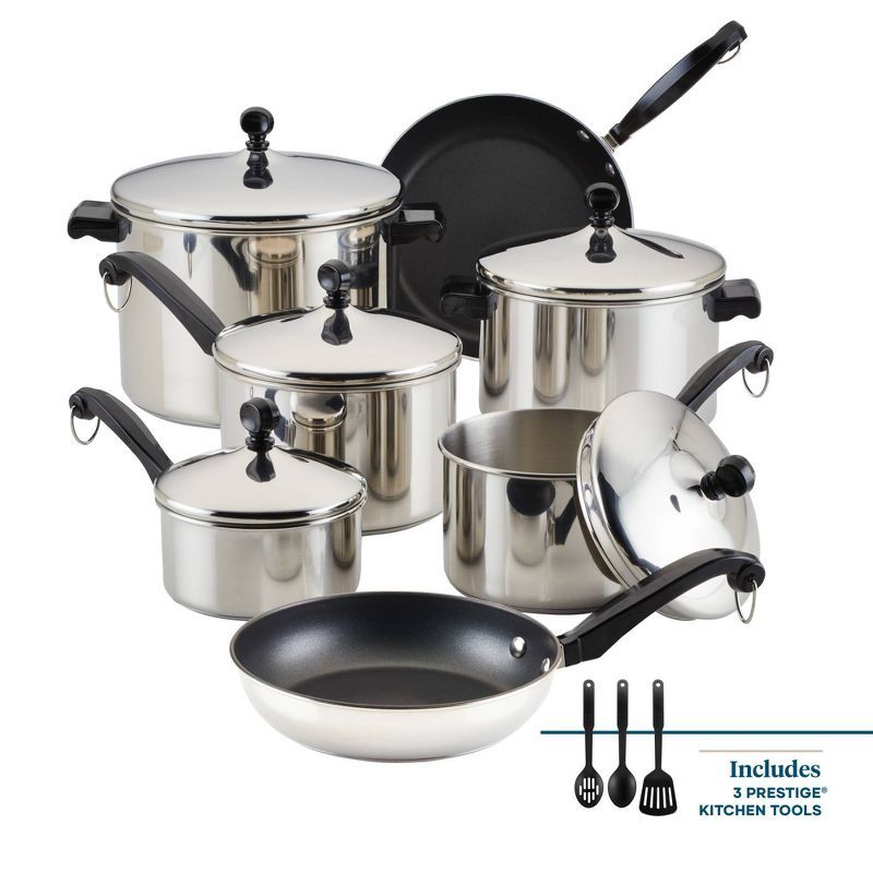 Farberware 15-Piece Stainless Steel Nonstick Cookware Set with Utensils