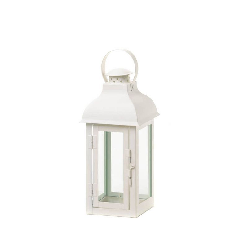 White Iron and Glass Hanging Tabletop Candle Lantern