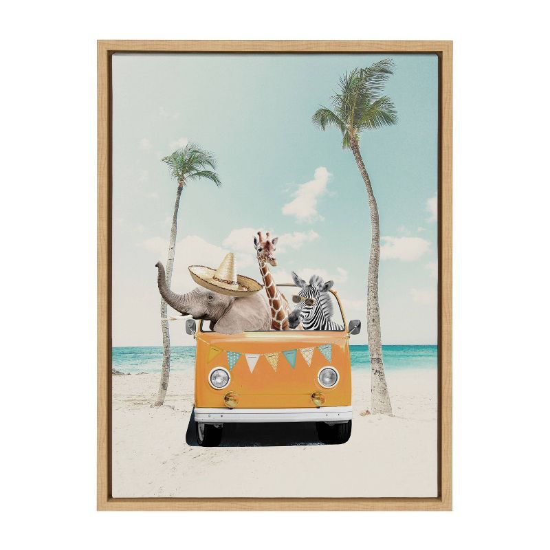 Natural Framed Beach Safari Animals Canvas Wall Art, 18x24