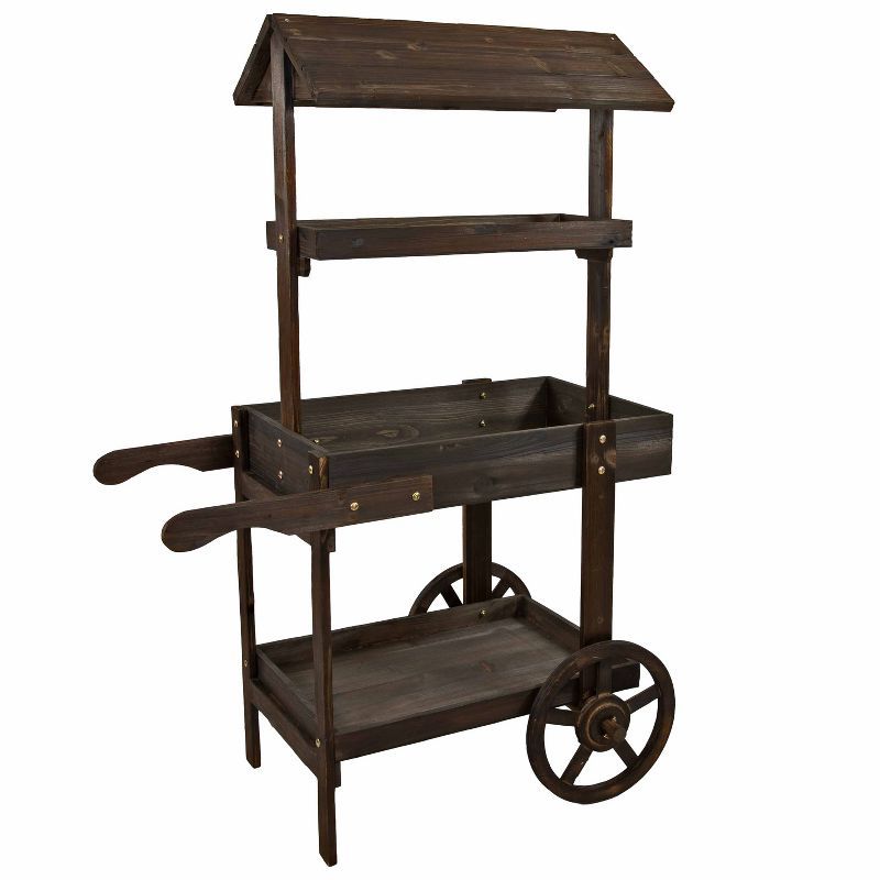 Charred Fir Wood 3-Tier Wheeled Flower Cart Display Stand