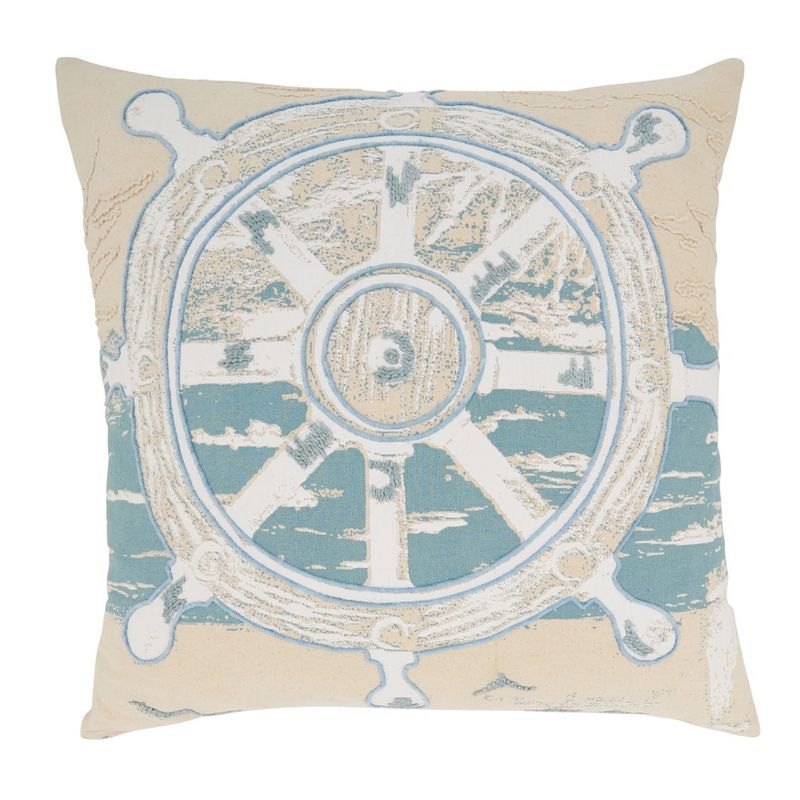 Helm of the Waves Blue Cotton Nautical Throw Pillow 20" x 20"