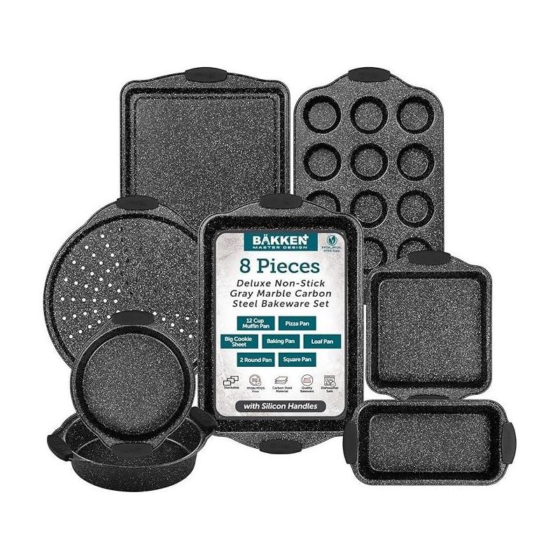 BAKKEN 8-Piece Deluxe Nonstick Gray Marble Carbon Steel Bakeware Set with Silicone Handles