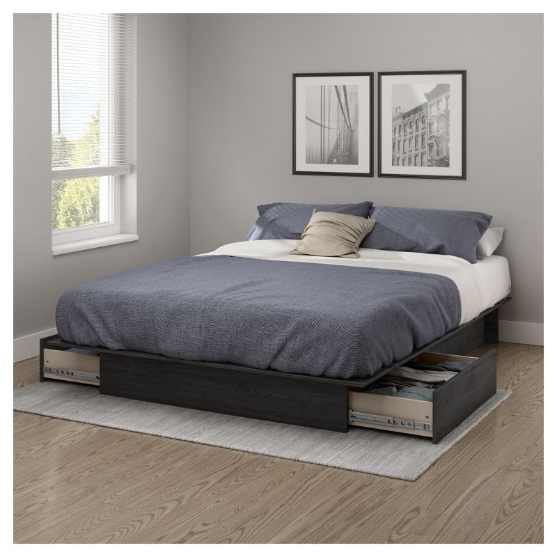 Queen-Sized Oak Wood Frame Platform Bed with Upholstered Storage Drawers