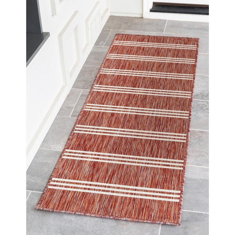 Rust Red and Ivory Striped Synthetic Outdoor Runner Rug