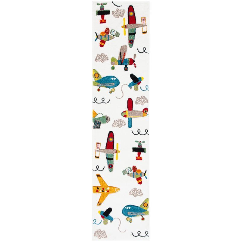 Ivory and Blue Airplane Kids Runner Rug 2' x 8'