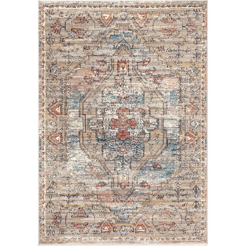 Blue and Beige Synthetic Traditional Medallion Area Rug