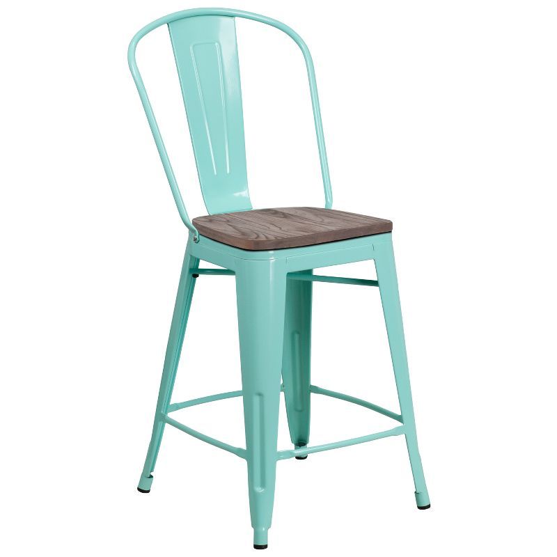 Rustic Mint Green Metal & Wood 24" Counter Height Stool