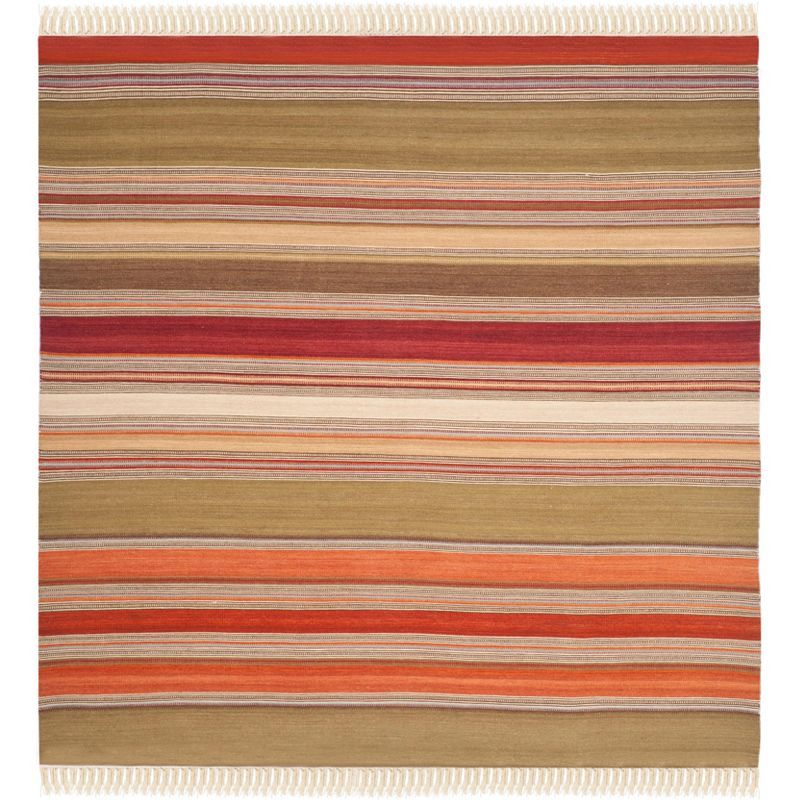 Southwestern Vibe Red Stripe Handwoven Wool 7' Square Rug