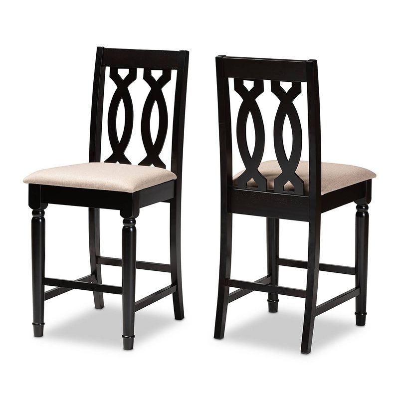 Set of 2 Sand Upholstered Espresso Wood Counter Stools