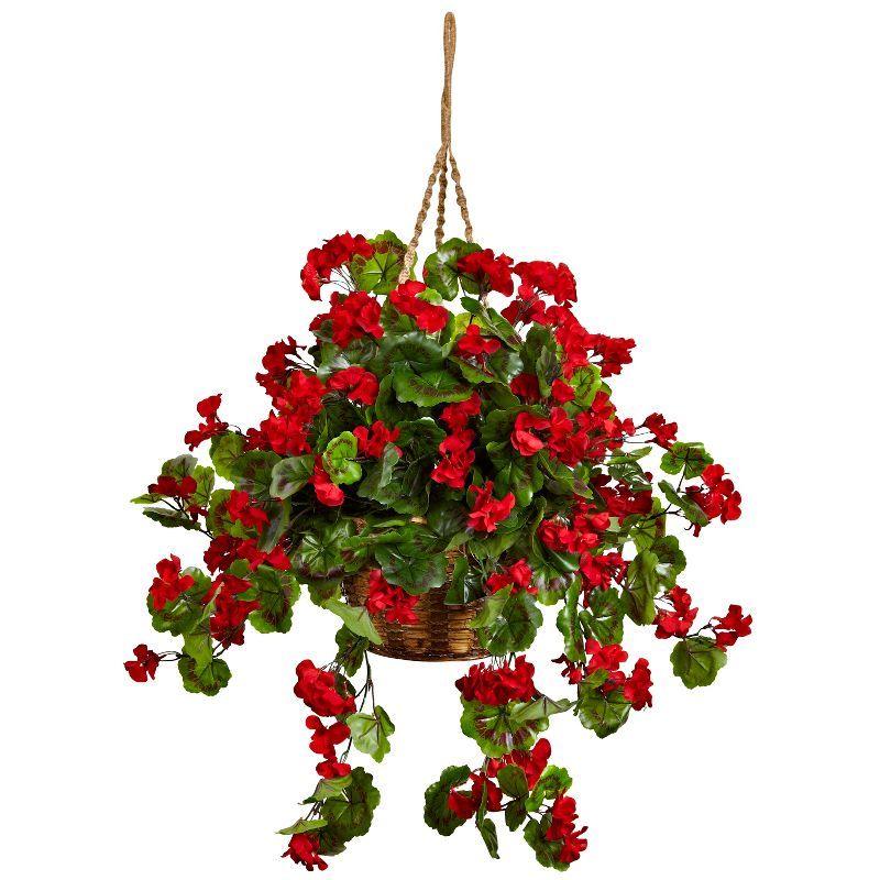 Red Geranium Hanging Basket with Greenery for Outdoor Decor