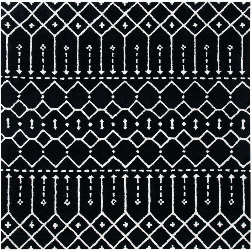 Handmade Black and Ivory Geometric Wool Square Rug, 6' x 6'