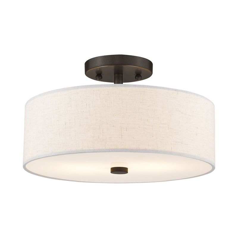 Meridian English Bronze 13" Drum Semi-Flush Mount with Oatmeal Fabric Shade