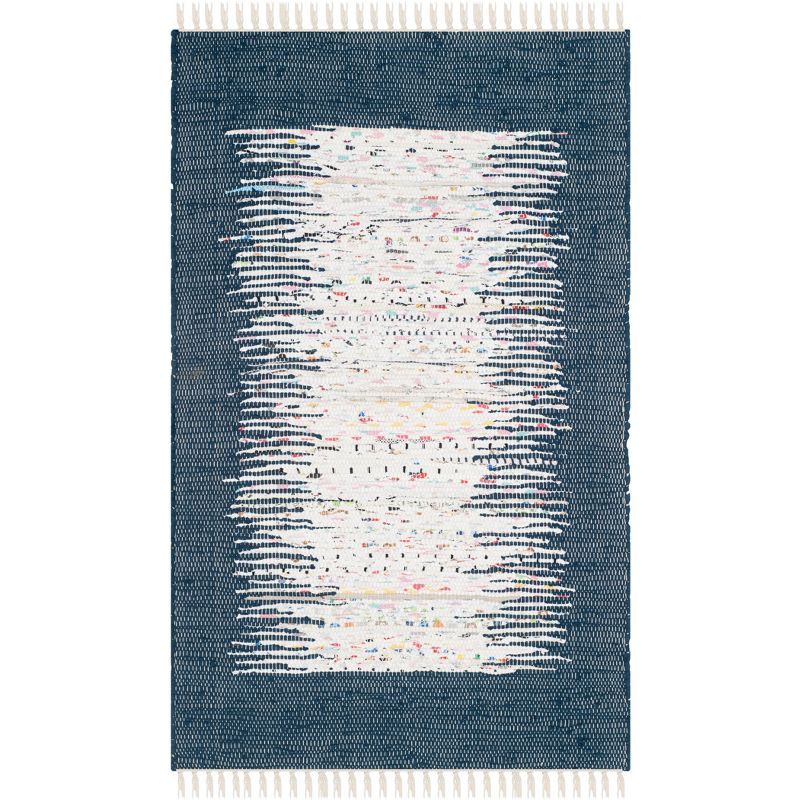 Ivory and Navy Hand Woven Cotton Flatweave Rug 2'6" x 4'